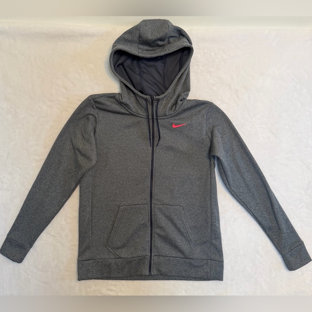 Nike Size M Dri-FIT Full Zip Hoodie Gray with Pink Swoosh Athletic Sweatshirt - Picture 2 of 13